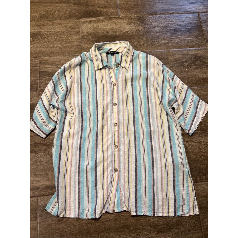 Women’s Size S Striped Linen Blend Short Sleeve Top Button Down Lightweight EUC